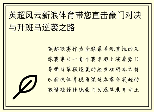 英超风云新浪体育带您直击豪门对决与升班马逆袭之路