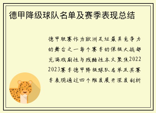 德甲降级球队名单及赛季表现总结
